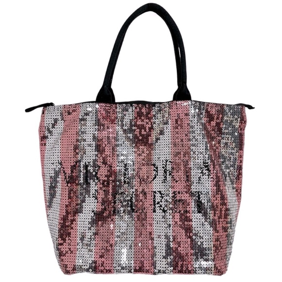 VICTORIA’S SECRET • Pink & Silver Striped Sequin Black Tote Purse Weekender Bag - Picture 1 of 5